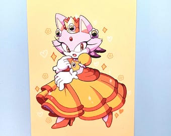 May include: Illustration of a cat-like character in a yellow and orange dress, wearing a crown. The character has pink fur and is holding a small, round object. The background is a light yellow with hearts and flower details.