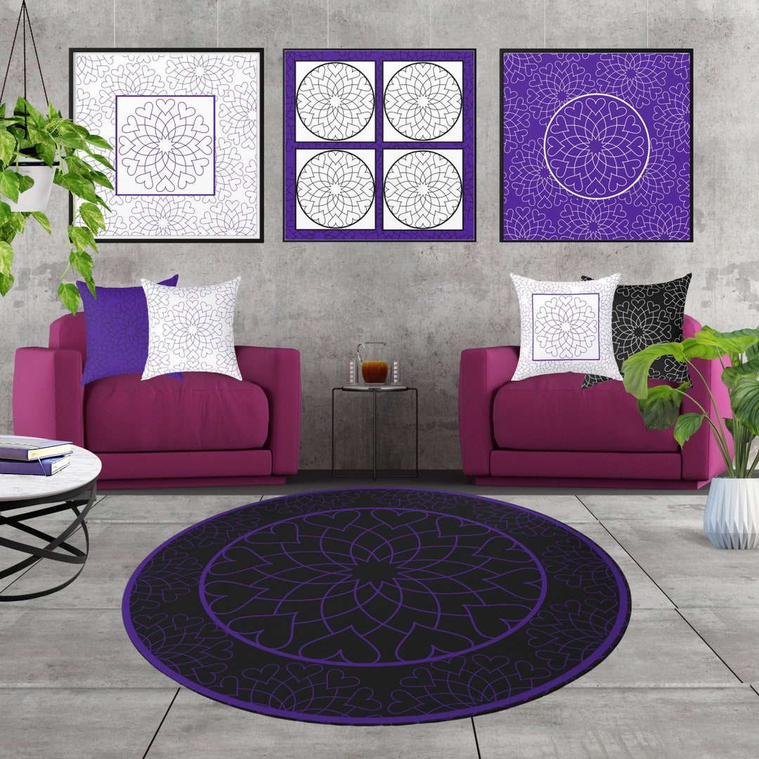 Purple and Black Rug, Heart Mandala Area Rug, Round Purple Floor Rug