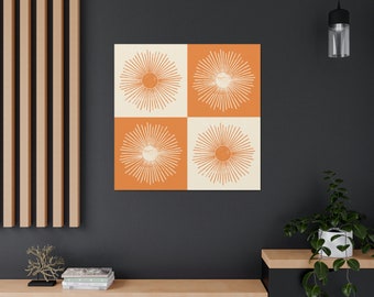 Boho Sun Art, Sunset Art Work, Orange Sun Art, Canvas Art, Orange Decor, Interior Design Ideas, Sun Print, Retro Sun Art, Boho, Home