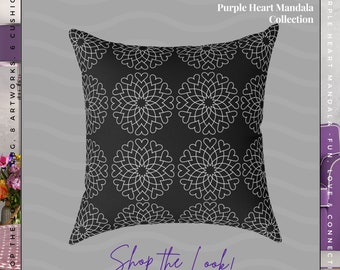 Black and White Cushion, Black and White Decor, Black Mandala Cushion, Home Styling,  Home Decor, Room Design, Heart Cushion, Black Decor