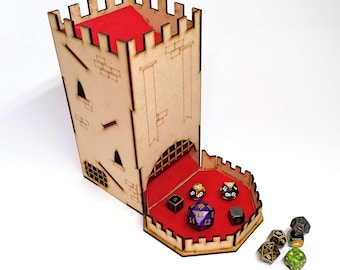 May include: A wooden castle-shaped dice tower with a red felt interior and a removable lid. The tower has a small opening at the top for rolling dice. The tower is sitting on a white surface with several dice scattered around it.