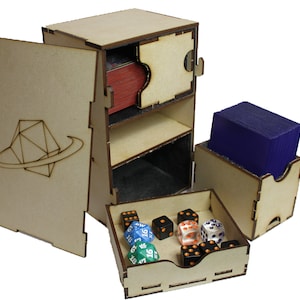 Soporte de cubierta doble con cajón para dados, archivos digitales, corte láser de 3 mm, tela interior