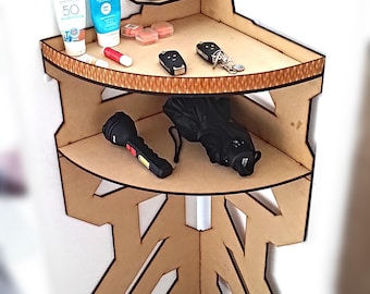 May include: A wooden corner shelf with three shelves. The top shelf has two pairs of sunglasses, the middle shelf has two bottles of sunscreen, a lip balm, and a small container of makeup, and the bottom shelf has a flashlight, an umbrella, and two car keys.
