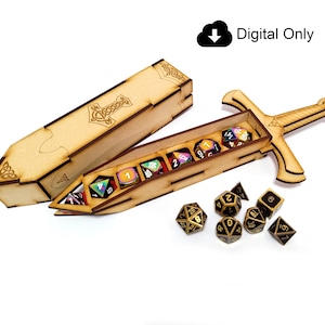 May include: A wooden sword-shaped box with a lid that opens to reveal a compartment for dice. The box is decorated with a Celtic knot design. The box is accompanied by a set of black and gold dice.