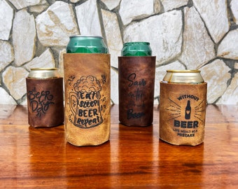 Genuine Leather Can Sleeve - Stylish Can Holder for Beverages - Premium Leather Can Cozy - Groomsmen Gift, Wedding Favors, Christmas For Him