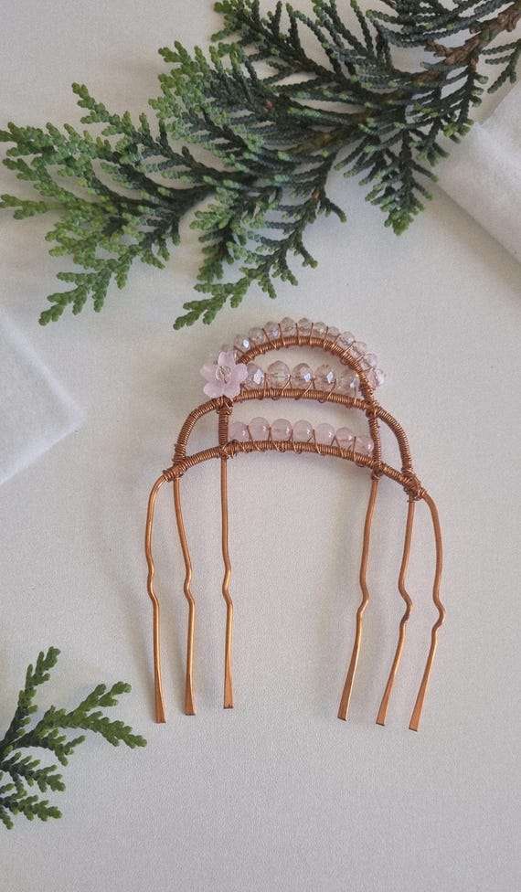 Boho Crystal Hair Comb – Handmade Copper & Pink Bead Hair Accessory