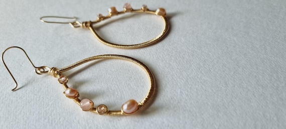 Golden Teardrop Earrings: Wire Wrapped Pink Pearl and Rose Quartz