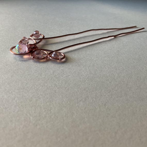 Handmade Rose Gold Wire Hair Pin With Light Pink Crystals