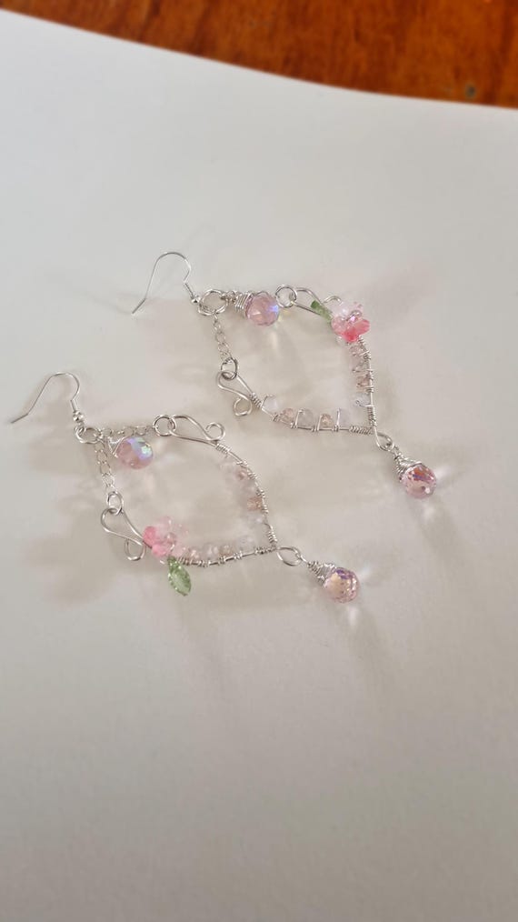 Dewkiss Dangles – Silver-Plated Wire Wrapped Earrings with Rose Quartz, Glass Flower & Crystal Teardrop