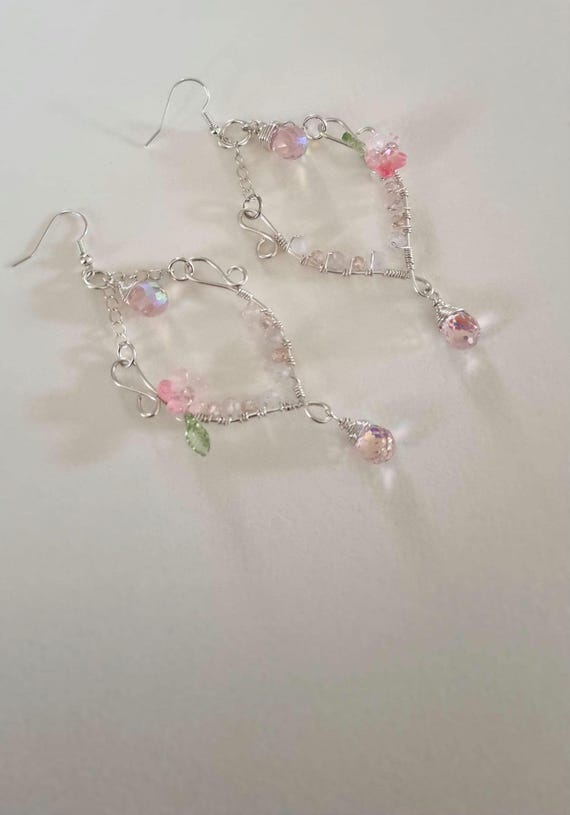 Dewkiss Dangles – Silver-Plated Wire Wrapped Earrings with Rose Quartz, Glass Flower & Crystal Teardrop
