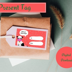 May include: A printable gift tag featuring a cartoon cow with the text "Moo-ry Christmas!" on a red background with white polka dots. The tag has blank spaces for "To" and "From".