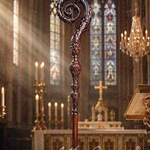 May include: A dark brown wooden crozier featuring an intricately carved spiral top with floral and leaf motifs. The staff has a polished finish and a decorative, bulbous node below the crook, with the text Arthur Overseas printed at the base.