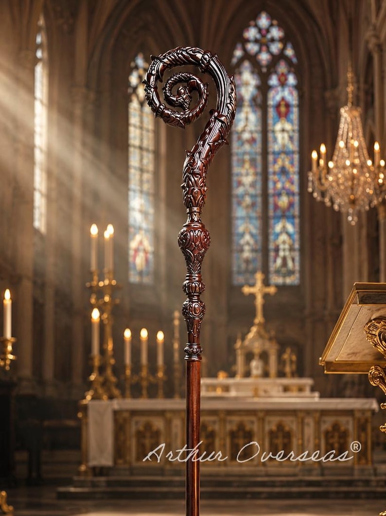 May include: A dark brown wooden crozier featuring an intricately carved spiral top with floral and leaf motifs. The staff has a polished finish and a decorative, bulbous node below the crook, with the text Arthur Overseas printed at the base.