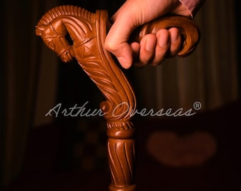 Hand Carved Wooden Walking Cane: Horse Head Handle, Vintage Style