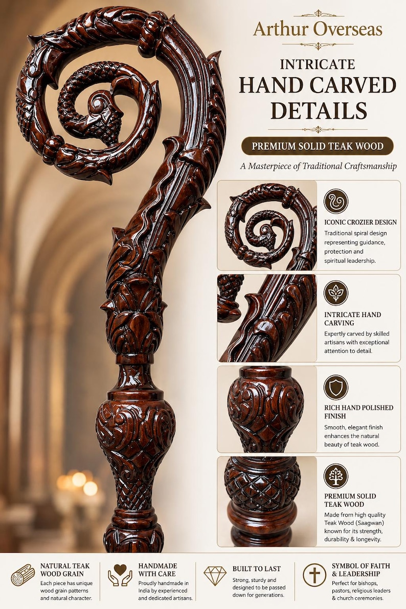 May include: A dark brown, hand-carved wooden crozier featuring an intricate spiral top design. The staff displays detailed relief carvings throughout its length, showcasing a polished finish that highlights the natural grain of the solid teak wood.