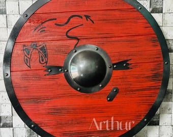 Escudo vikingo de Ragnar Lothbrok: escudo nórdico rojo desgastado por la batalla - Armadura LARP