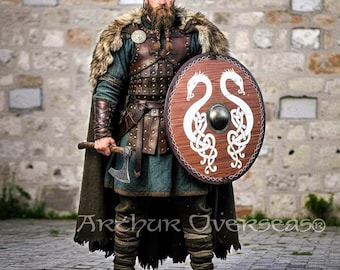 Escudo Viking de Dragão Nórdico Pintado à Mão: Cosplay de LARP Pronto para Batalha