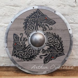 Gray Fenrir Viking Shield – Norse Wolf Design | Handmade Battleworn Nordic Shield for Wall Decor, Cosplay & LARP | 24&quot; 30&quot; 36&quot; MDF Board