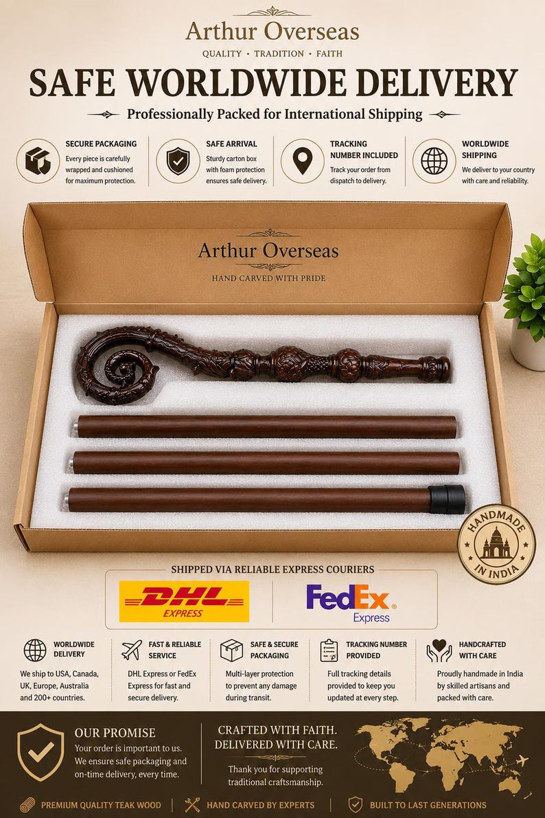 May include: A brown wooden staff with a hand-carved, ornate, spiraled top section, disassembled into three straight segments and one decorative head piece, presented inside a rectangular cardboard box with white foam padding inserts.