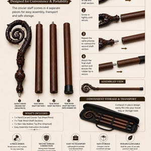 May include: A four-piece wooden crozier staff featuring a hand-carved head piece and three teak wood shaft sections. The set includes a black carrying case and assembly instructions, showing a threaded connection system and a rubber tip.