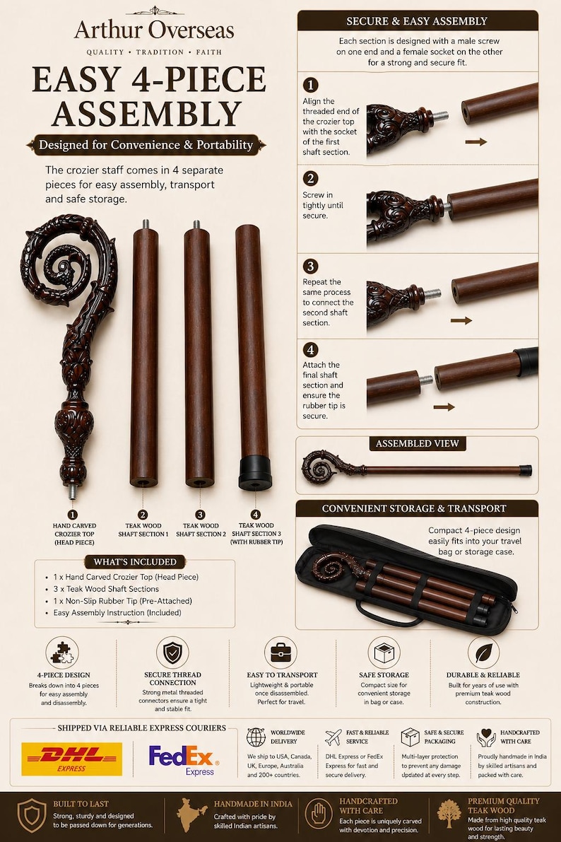 May include: A four-piece wooden crozier staff featuring a hand-carved head piece and three teak wood shaft sections. The set includes a black carrying case and assembly instructions, showing a threaded connection system and a rubber tip.