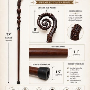 May include: A 72-inch tall brown wooden crozier staff with an intricately carved top. The staff features a 1.1-inch thick shaft, an 8-inch wide top, and a 1.5-inch diameter black rubber tip. Text includes Arthur Overseas and Crozier Staff.