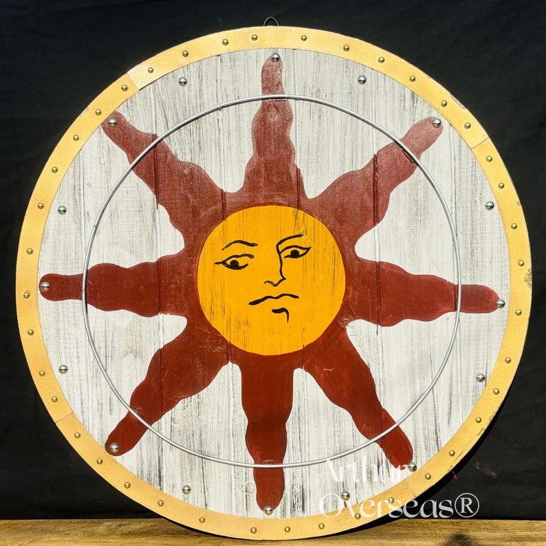 Handcrafted Sunlight Shield for Cosplay and Wall Décor – Dark Souls Inspired Wooden Battle Shield in 4 Sizes