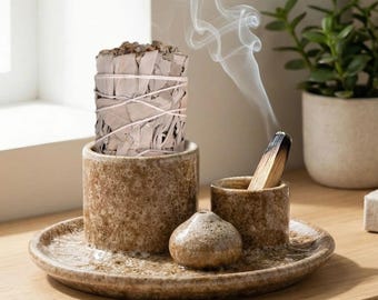 Bruciatore di incenso in ceramica 4 in 1 per meditazione e yoga / Porta salvia / Decorazione per aromaterapia / Porta incenso a bastoncino per la casa