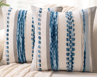 Zestaw 2 poszewek na poduszki dekoracyjne w stylu boho, 18x18 | Poszewki na poduszki z szenili w stylu farmhouse | Poszewki na poduszki w neutralne paski, kolor błękitny