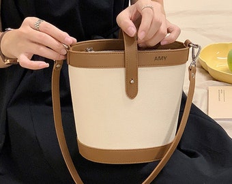 Color The Bucket Bag, Minimalist Commuting Small Square Bag, Cowhide Crossbody Shoulder Bag, Vintage Personalized Genuine Leather Bag
