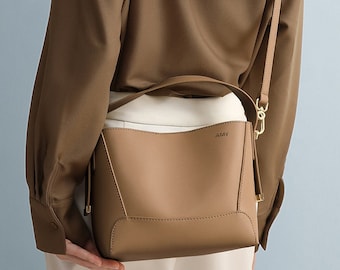 Vintage elegante Schulter Crossbody Bucket Bag, minimalistische Handtasche aus echtem Leder, Tasche für Frauen, Geschenk für sie