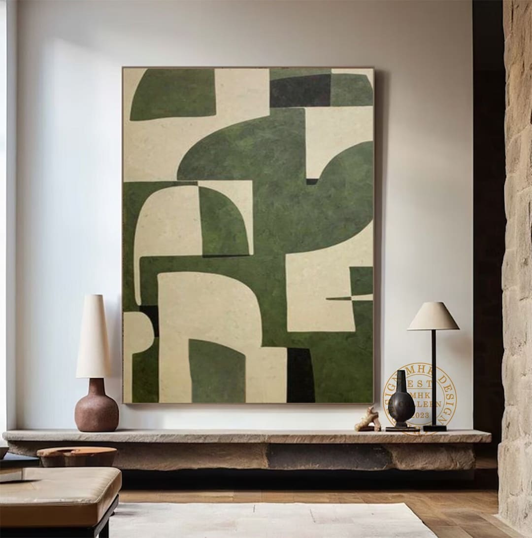 Beige and Green Abstract Canvas Painting Wabi Sabi Wall Art Beige
