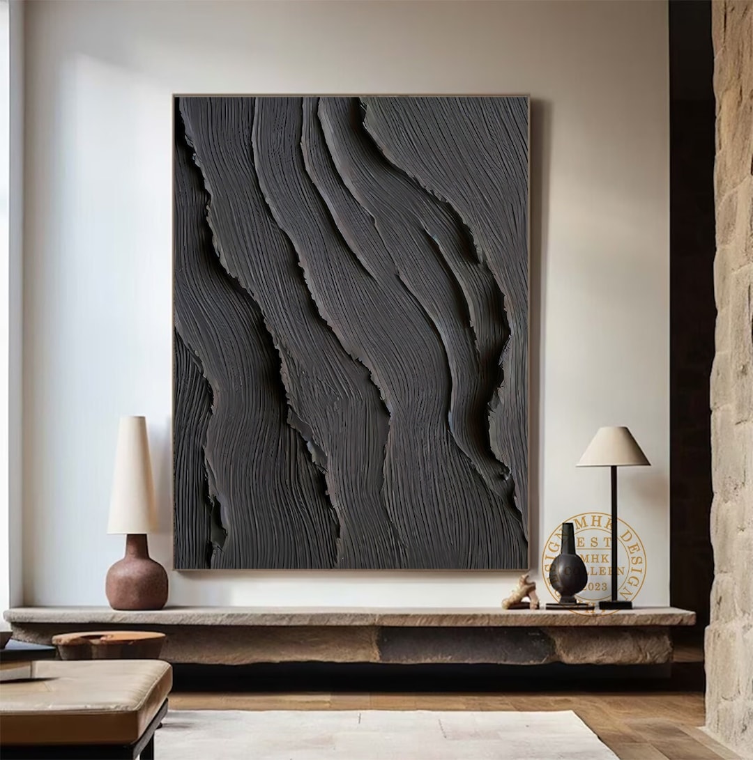 Black Painting Wall Art Black Abstract Painting on Canvas 3D Plaster