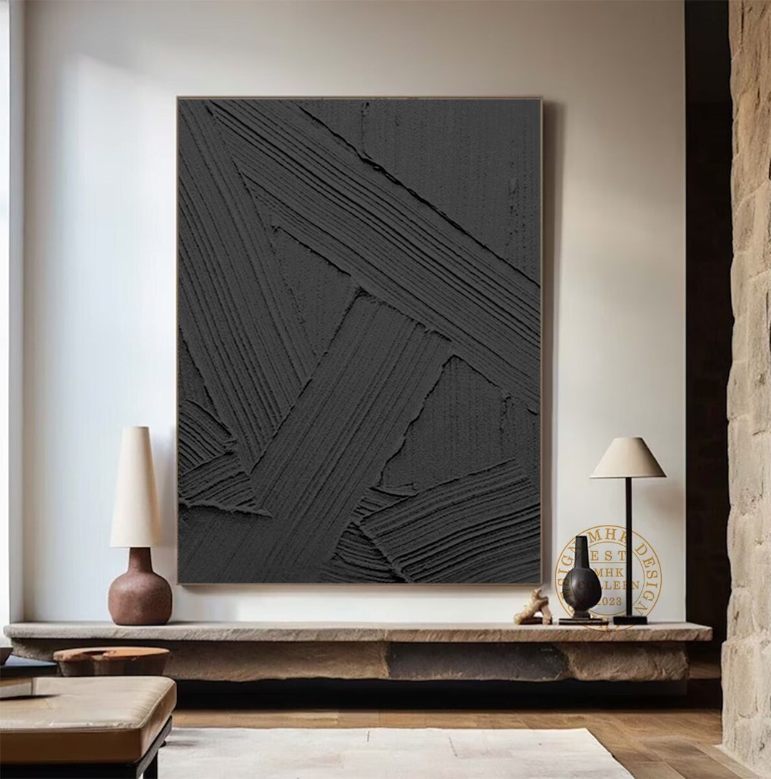 Black Textured Wall Art Black Minimalist Painting on Canvas Black 3D ...