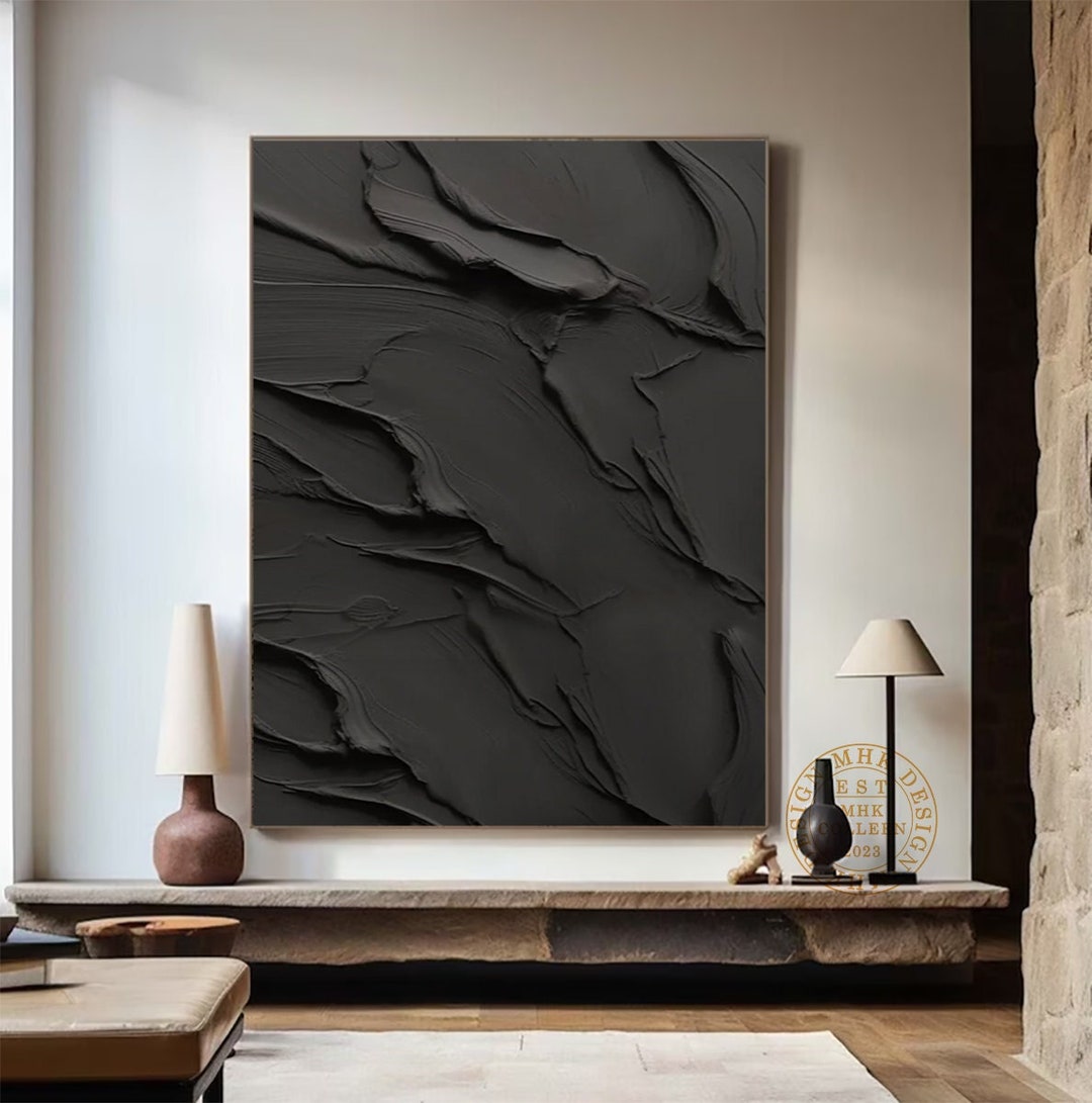 Minimalist Pure Black Wall Art Black Abstract Painting on Canvas 3D ...