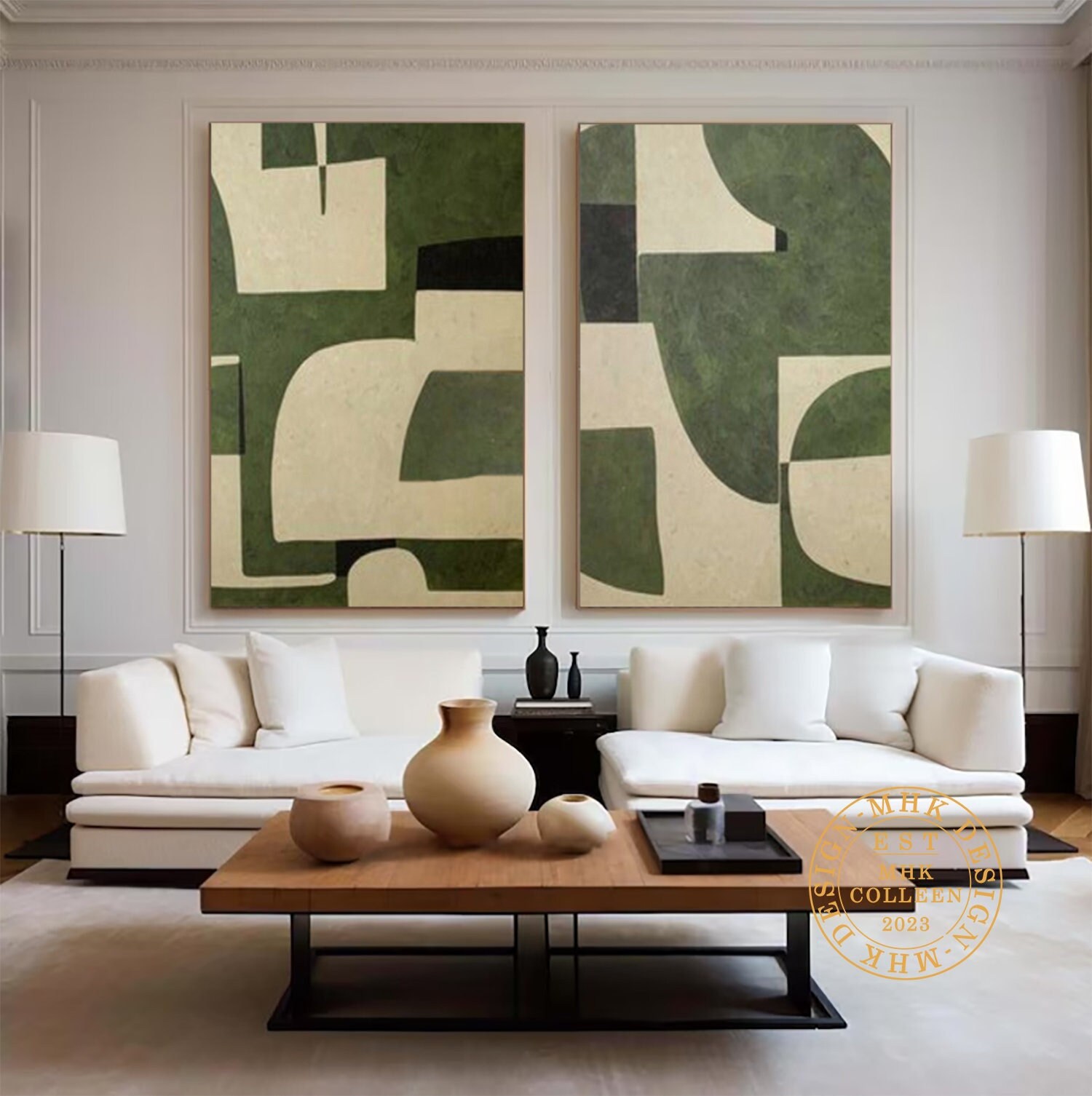 Beige and Green Minimalist Painting on Canvas Set of 2 Wabi Sabi Wall