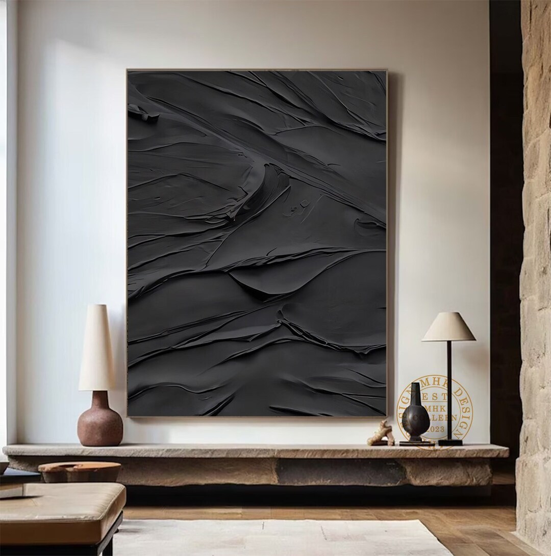 Large 3D Textured Pure Black Wall Art Black Abstract Painting on Canvas ...