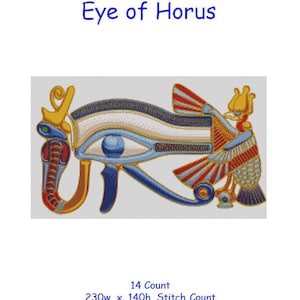 Op de afbeelding: Borduurpatroon voor kruissteek van het oog van Horus, een oud Egyptisch symbool. Het patroon is 230 steken breed en 140 steken hoog en meet 41,7 cm x 25,4 cm.