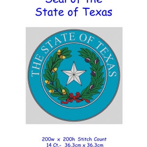 Peut inclure: Diagramme de point de croix du sceau de l'État du Texas. Le sceau représente un cercle bleu avec une étoile blanche à cinq branches entourée d'une couronne de feuilles vertes avec des baies rouges et des glands dorés. Le texte "THE STATE OF TEXAS" est écrit autour du cercle en blanc.
