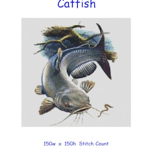 May include: Cross stitch chart featuring a detailed illustration of a catfish. The image includes the text "Cross Stitch Chart" and "Catfish" in blue. The chart measures 27.2cm x 27.2cm and has a stitch count of 150w x 150h.