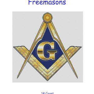 May include: A cross stitch chart pattern of a gold and blue Masonic symbol, a compass and square with a 'G' in the center. The chart is 150 stitches wide by 151 stitches high, and measures 10-3/4 inches by 10-3/4 inches.