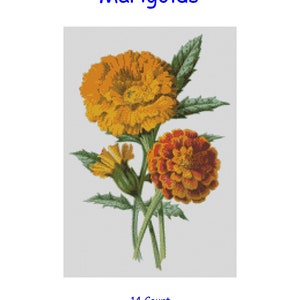 May include: Cross stitch chart pattern for marigolds, featuring two orange and yellow flowers with green leaves. The chart is 150 stitches wide by 217 stitches high, and measures approximately 10 3/4 inches by 15 1/2 inches.