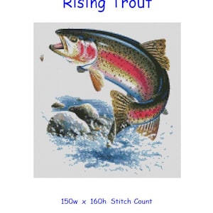 May include: Cross stitch chart pattern of a colorful rainbow trout jumping out of the water. The chart is 150 stitches wide by 160 stitches high and is designed for 14 count Aida cloth. The finished project will measure 27.2 inches by 29 inches.