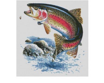 May include: Cross stitch chart pattern of a colorful rainbow trout jumping out of the water. The chart is 150 stitches wide by 160 stitches high and is designed for 14 count Aida cloth. The finished project will measure 27.2 inches by 29 inches.