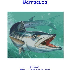 Könnte beinhalten: Kreuzstich-Chart-Muster eines Barrakudas mit offenem Maul, der in türkisfarbenem Wasser schwimmt. Die Karte ist 180 Stiche breit und 150 Stiche hoch und misst 32,7 cm x 27,2 cm.