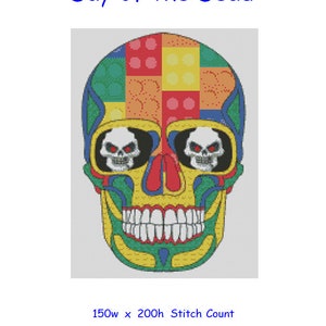 Op de afbeelding: Kruissteekdiagram van een kleurrijke schedel van Día de Muertos met rode ogen. Het diagram is 150 steken breed en 200 steken hoog en gebruikt Aida-stof met 14 tellingen. Het voltooide project zal 27,2 cm x 36,3 cm meten.