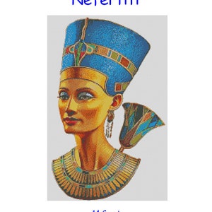 May include: Cross stitch chart pattern of Nefertiti, an Egyptian queen, with a blue headdress and gold jewelry. The chart is 150 stitches wide by 230 stitches high, and measures approximately 10 3/4 inches by 16 1/2 inches.
