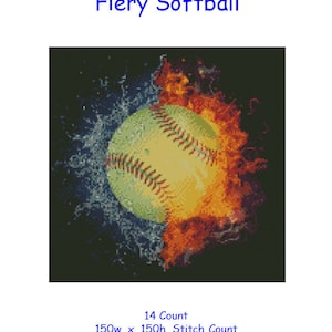 Op de afbeelding: Kruissteekdiagram van een vurige softbal. De softbal staat in brand en is omringd door water. Het diagram is 150 steken breed en 150 steken hoog en meet 26 cm x 26 cm.