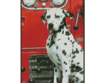 May include: Cross stitch pattern of a Dalmatian dog sitting in front of a red fire truck. The pattern includes 115 stitches wide by 164 stitches high and is designed for 14 count Aida cloth. The finished size is 20.9 cm by 29.8 cm.