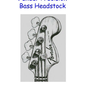 May include: Black and white cross stitch pattern of a Fender Precision Bass headstock. The pattern is 150 stitches wide and 224 stitches high, and measures 27.2 inches by 40.6 inches.